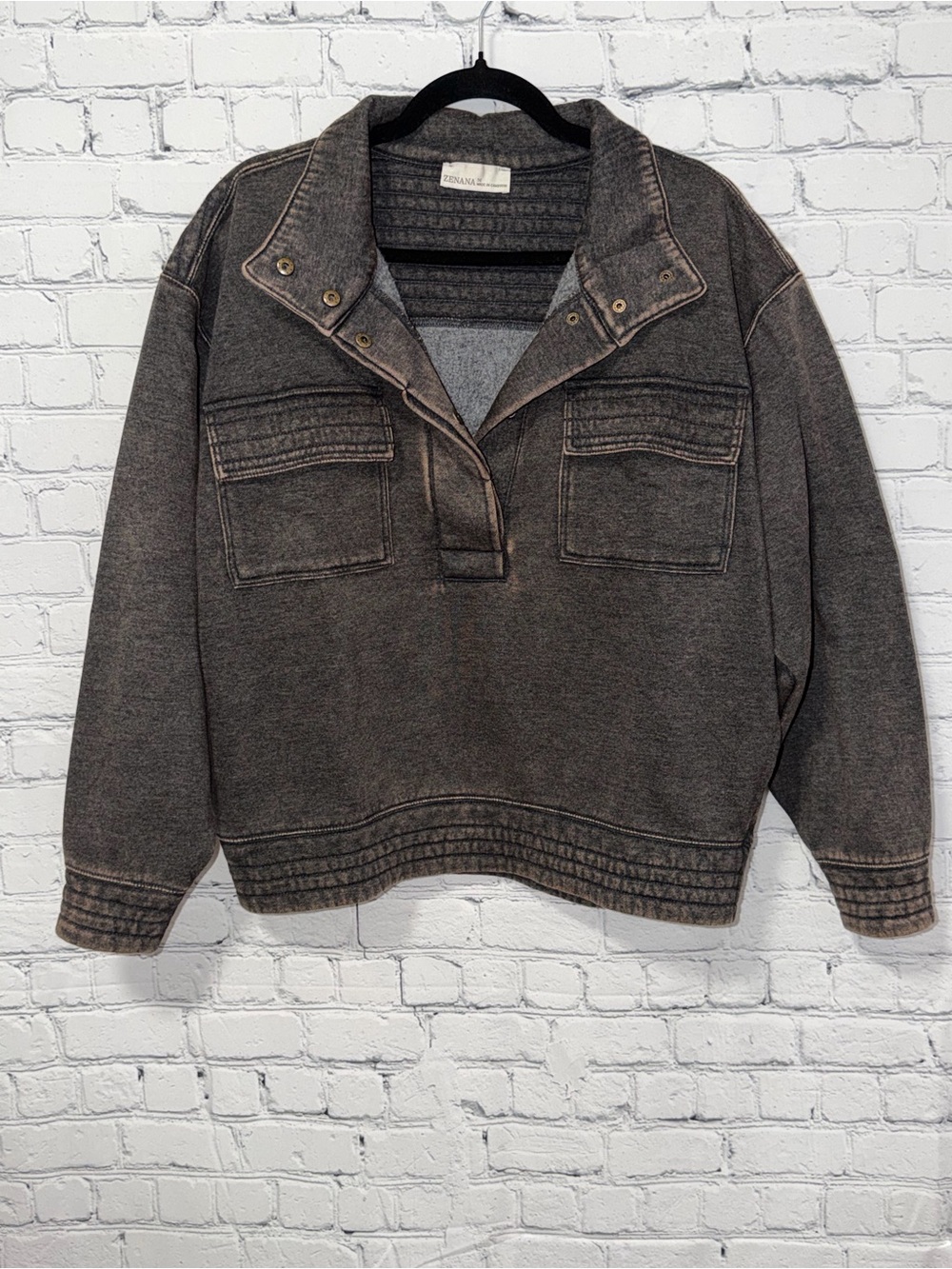 NEW Zenana Outfitters Washed Charcoal Pullover with Snap Collar